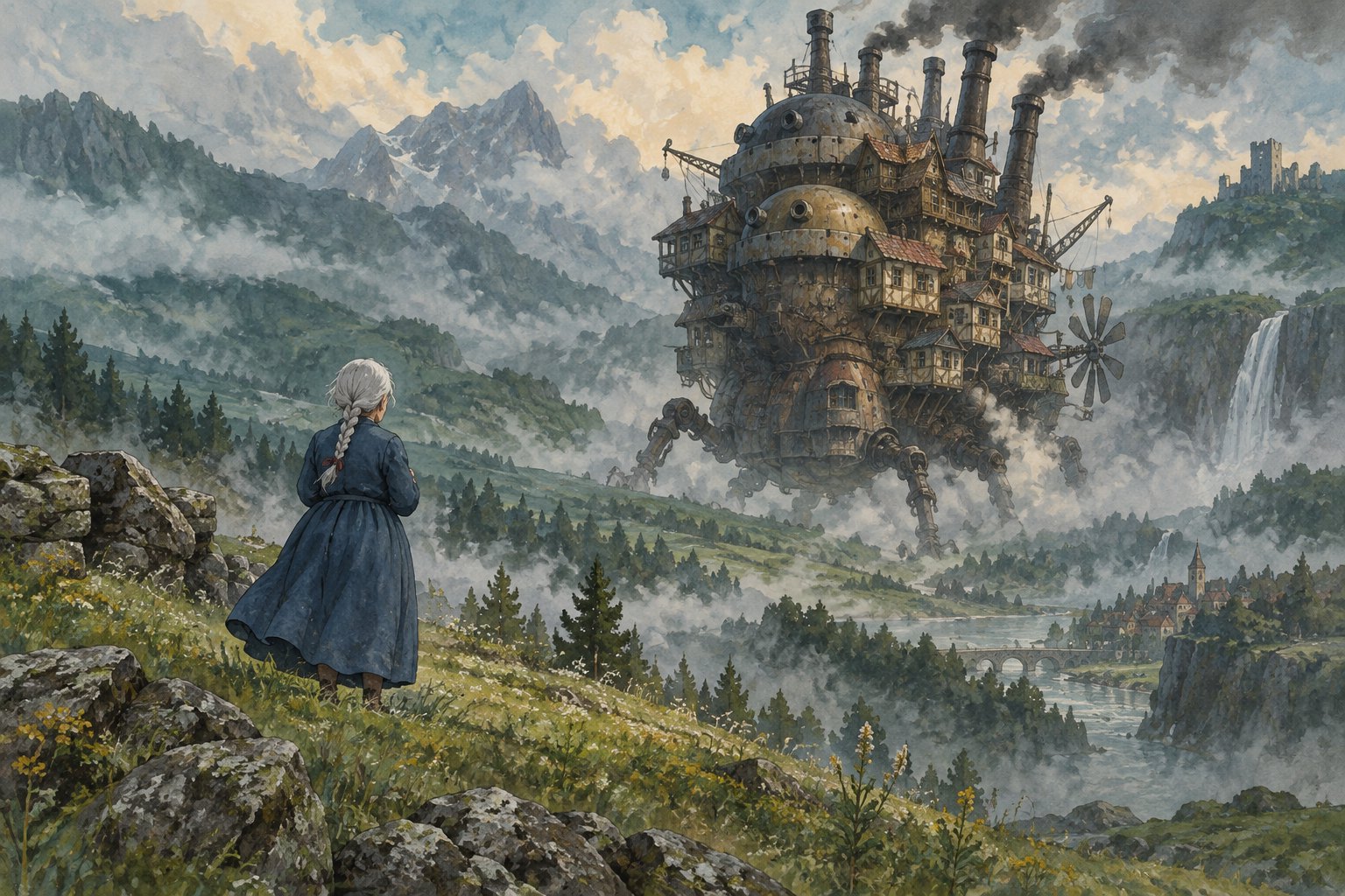 Watercolor illustration of silver-haired Sophie overlooking a mechanical walking castle in a misty mountain valley.