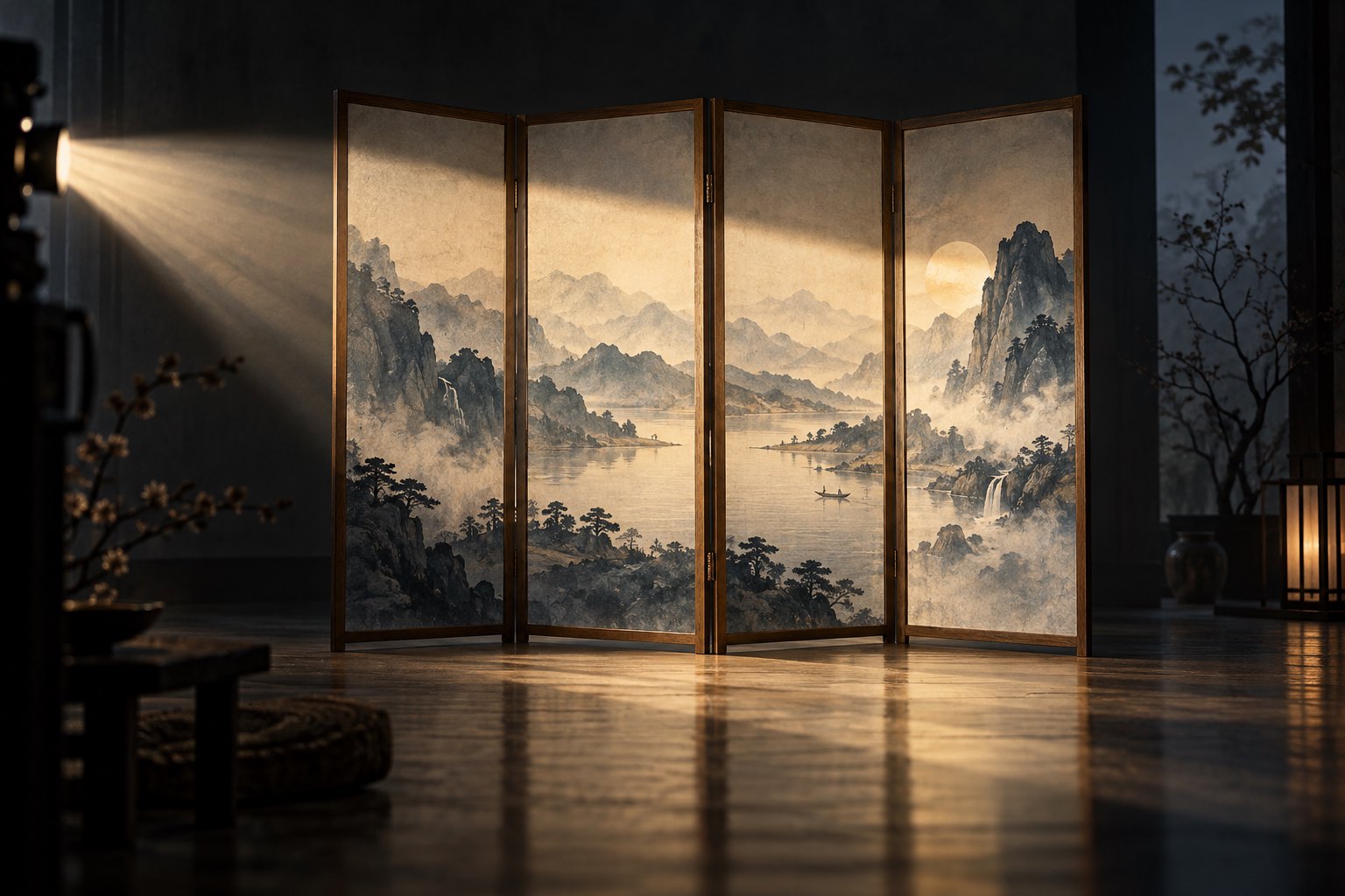 投影光束照亮四扇山水屏风,呈现东方屏风与电影光影关系的概念画面
