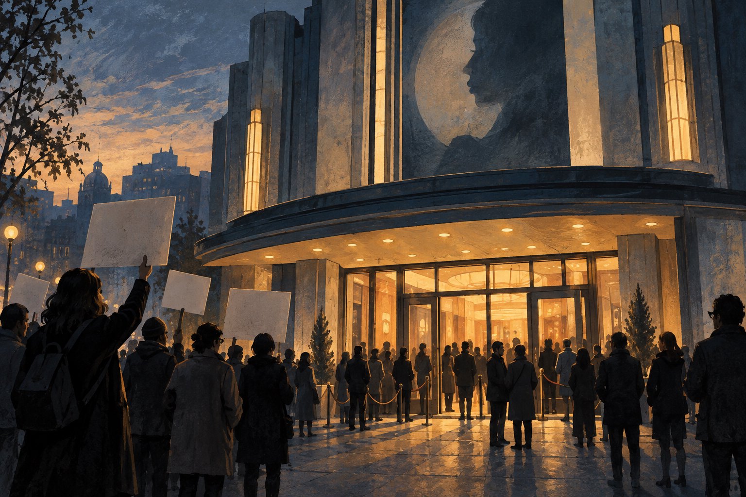 Conceptual illustration of silhouetted people with blank placards outside a warmly lit cinema at dusk.