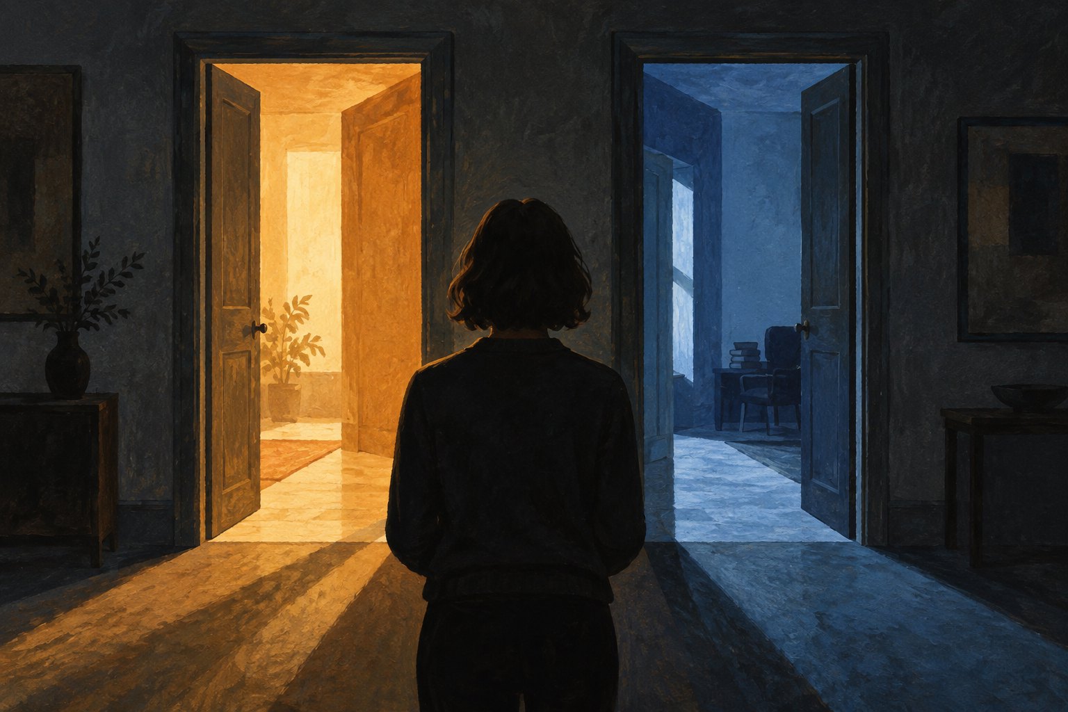 Conceptual illustration of an anonymous figure facing two open doorways illuminated in amber and blue.