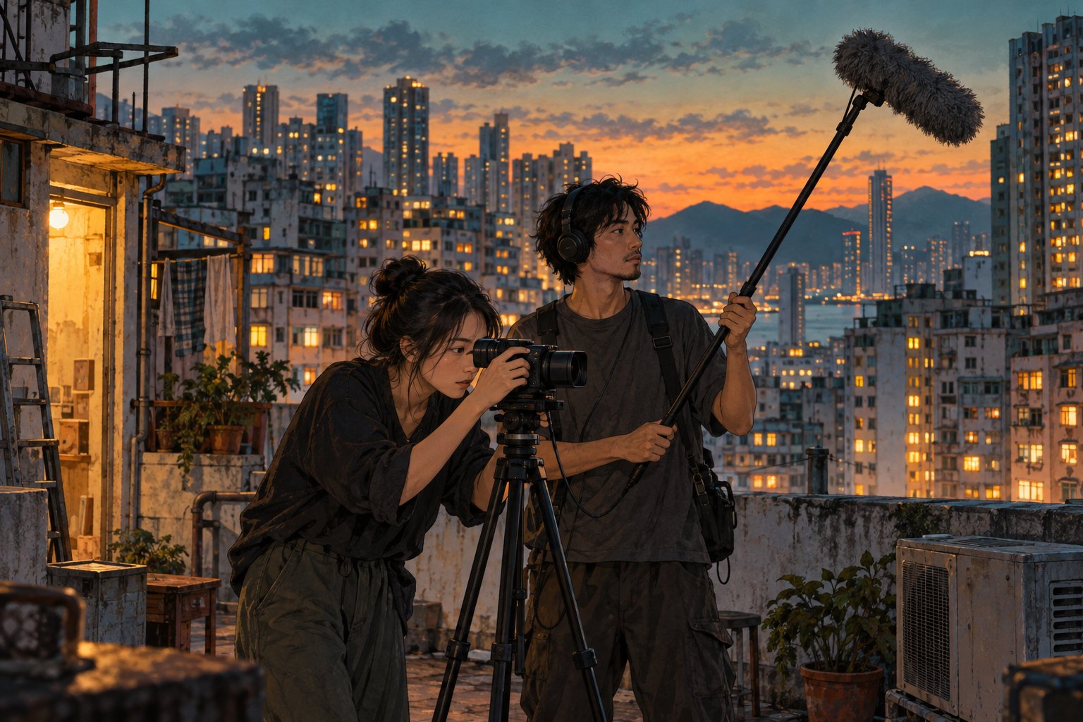 概念插画:暮色中的香港住宅楼天台,两名青年创作者操作摄影机与收音设备
