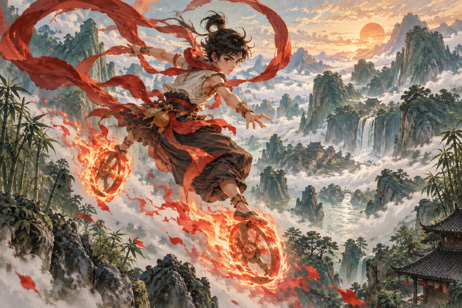 神话少年脚踏火轮、挥舞红绫，穿行于蜀地青山与云海之间的概念插画
