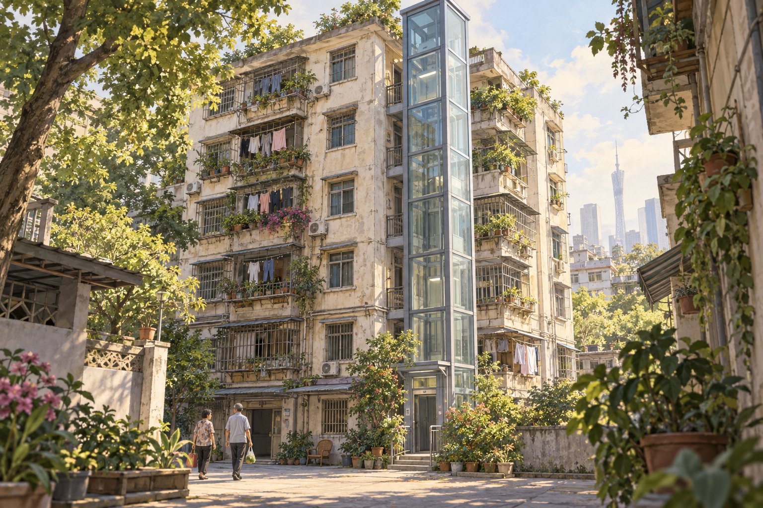 暖阳下的广州旧住宅楼与外挂玻璃电梯，街坊走过绿植环绕的院落，主题插画