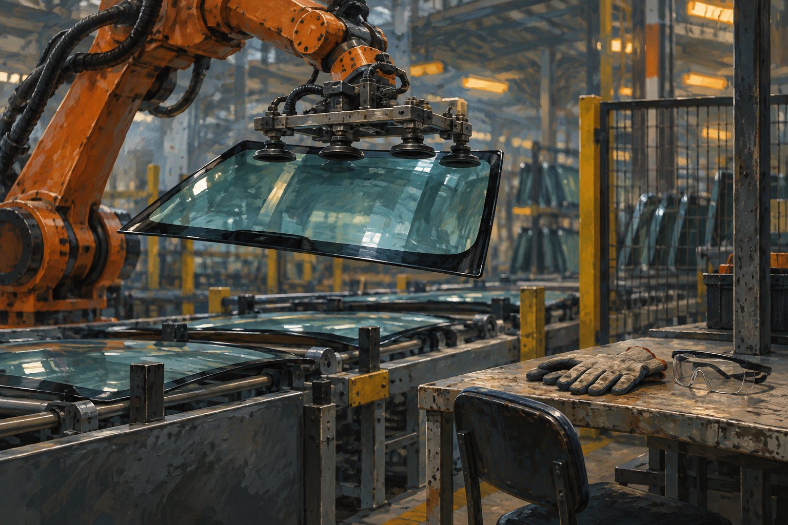 Conceptual illustration of a robotic arm lifting a windshield beside an empty workstation with gloves and safety glasses.