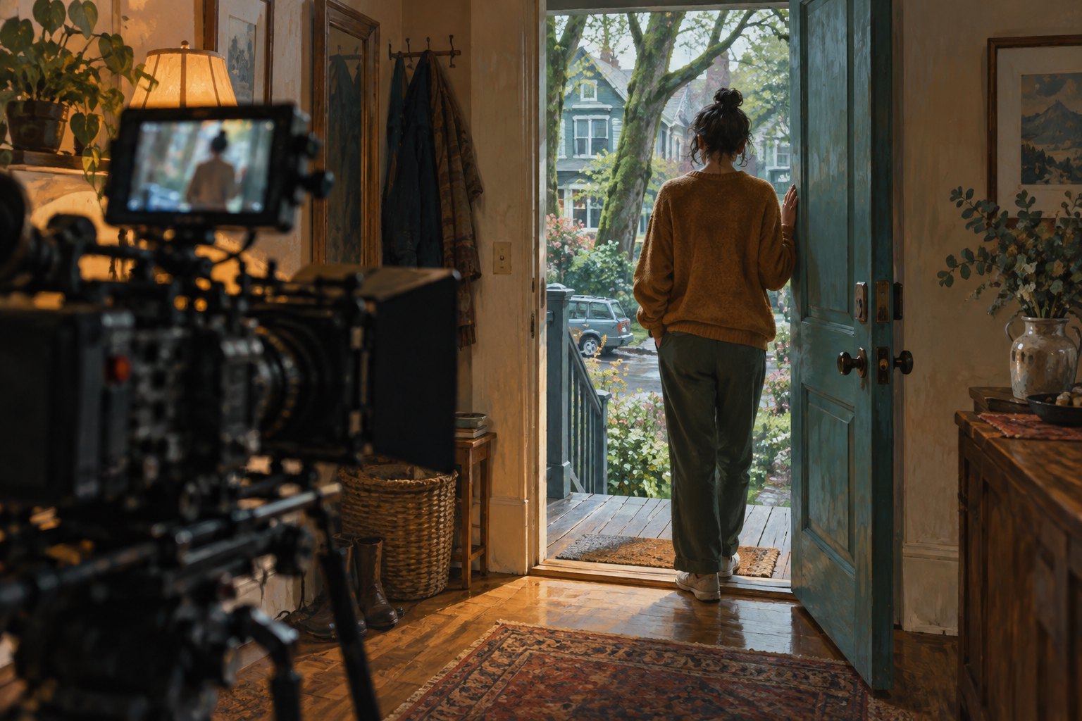 Conceptual illustration of a movie camera framing a performer in an open doorway overlooking a residential street.