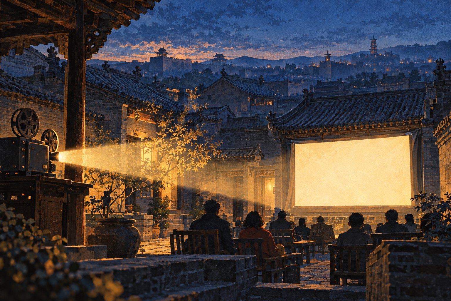 概念插画:暮色中的古城院落里,温暖的放映光通向银幕,观众静坐观看