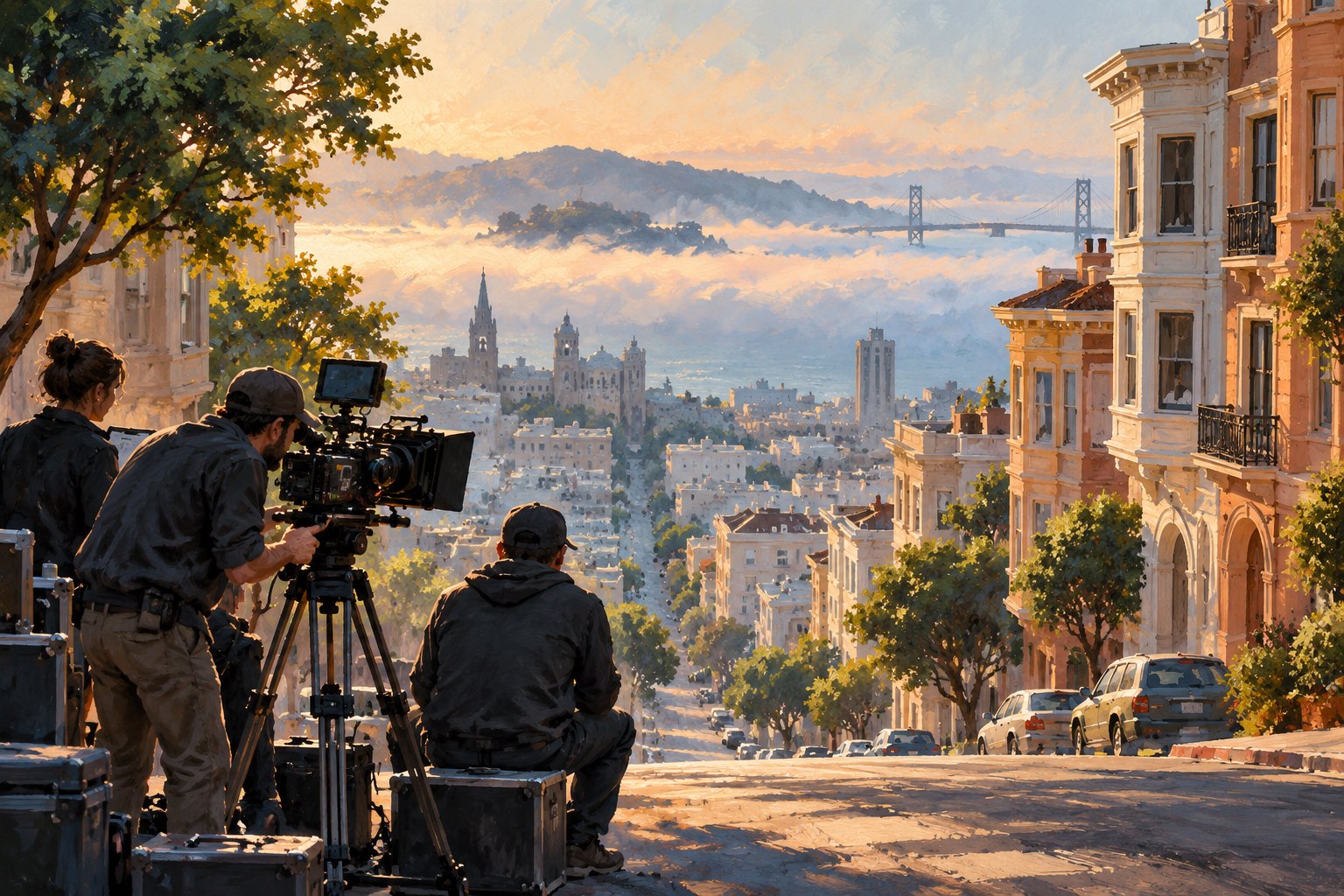 Painterly editorial illustration of a film crew overlooking a steep San Francisco street in golden morning light.