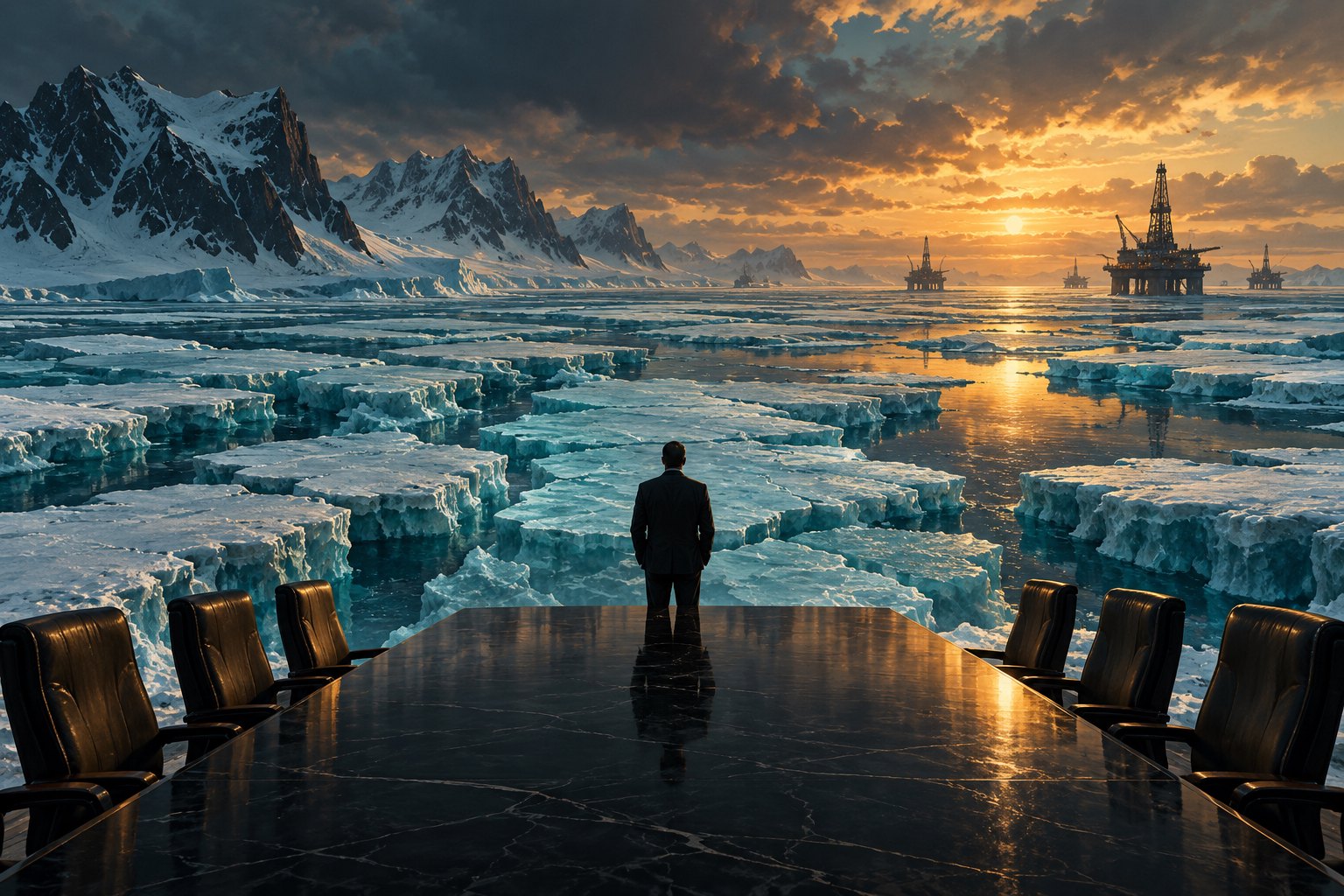 Conceptual illustration of a suited figure beside a boardroom table facing fractured Arctic ice and distant oil platforms.