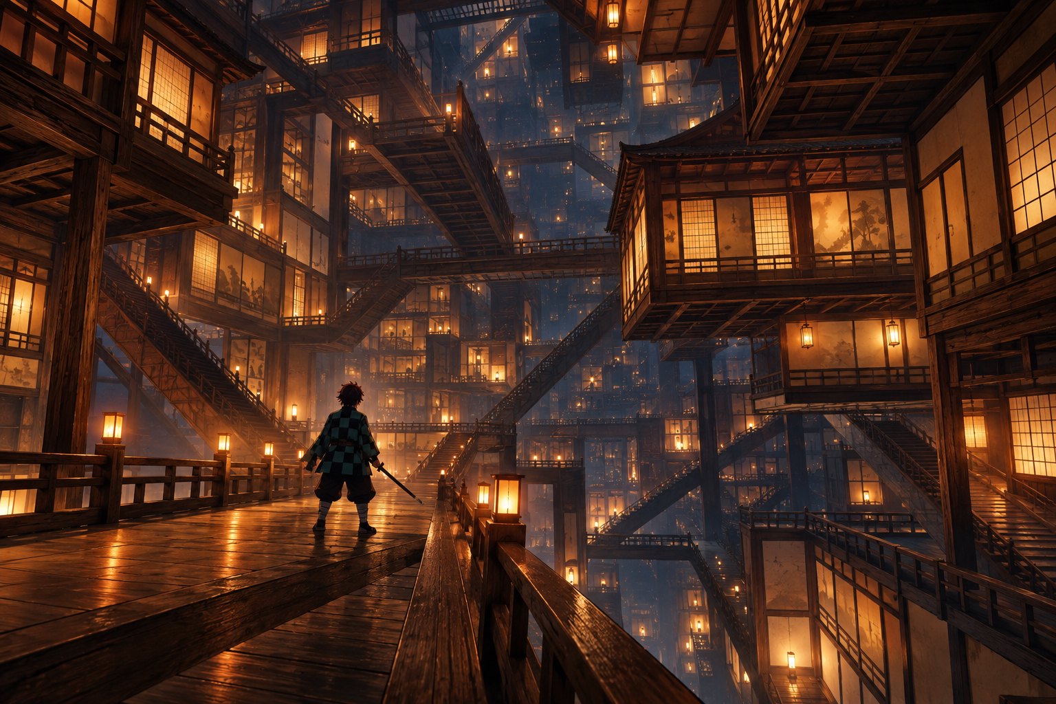 A lone swordsman overlooks an immense maze of wooden stairways and glowing rooms in an original Infinity Castle illustration.