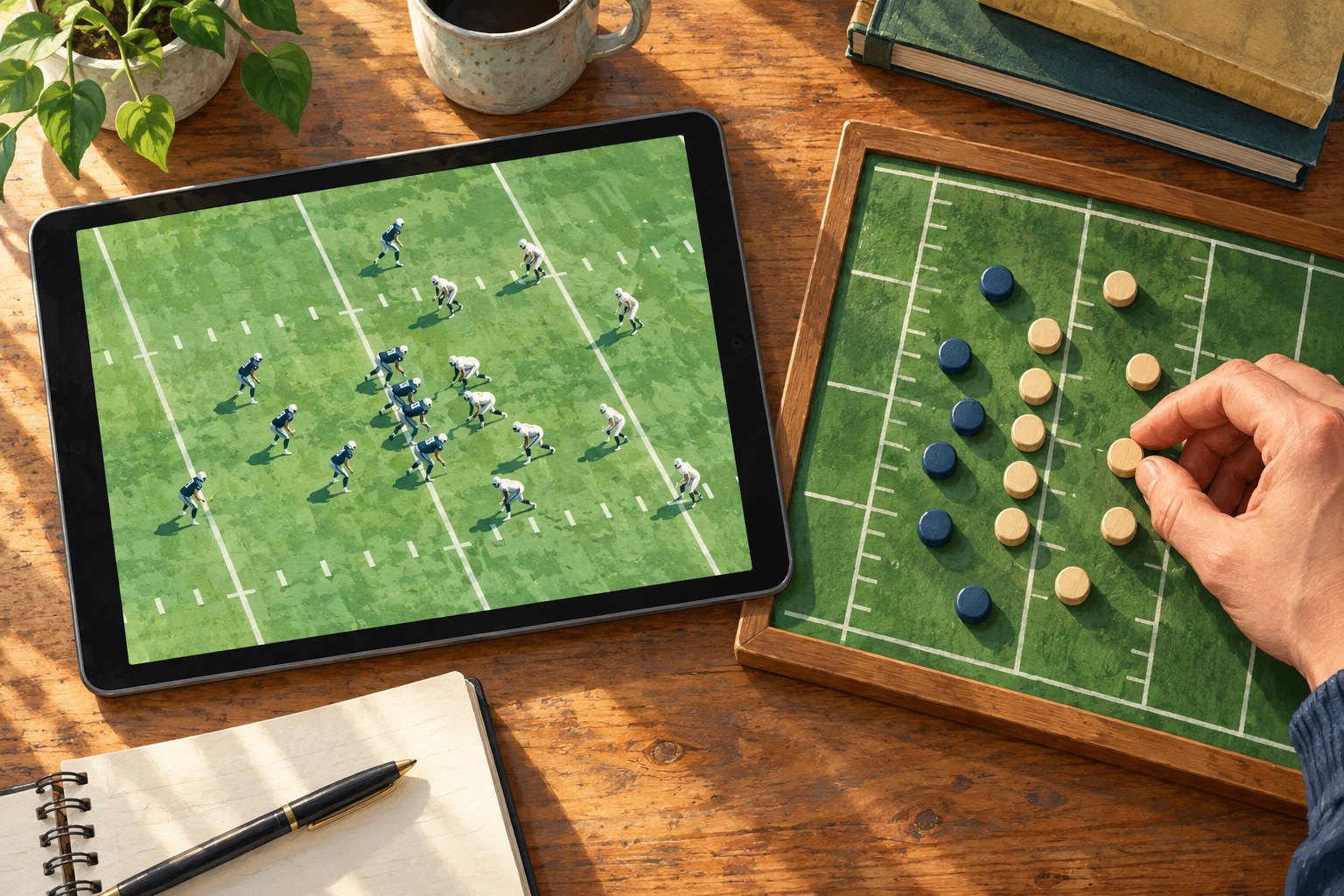 Illustration of a hand moving wooden counters on a football tactics board beside a tablet displaying a field.