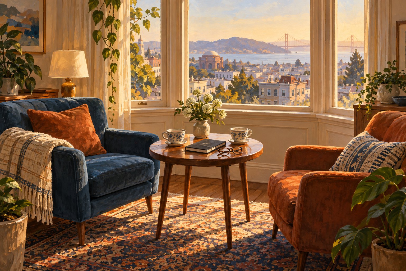 Conceptual illustration of two armchairs beside teacups, a notebook, and eyeglasses overlooking San Francisco.