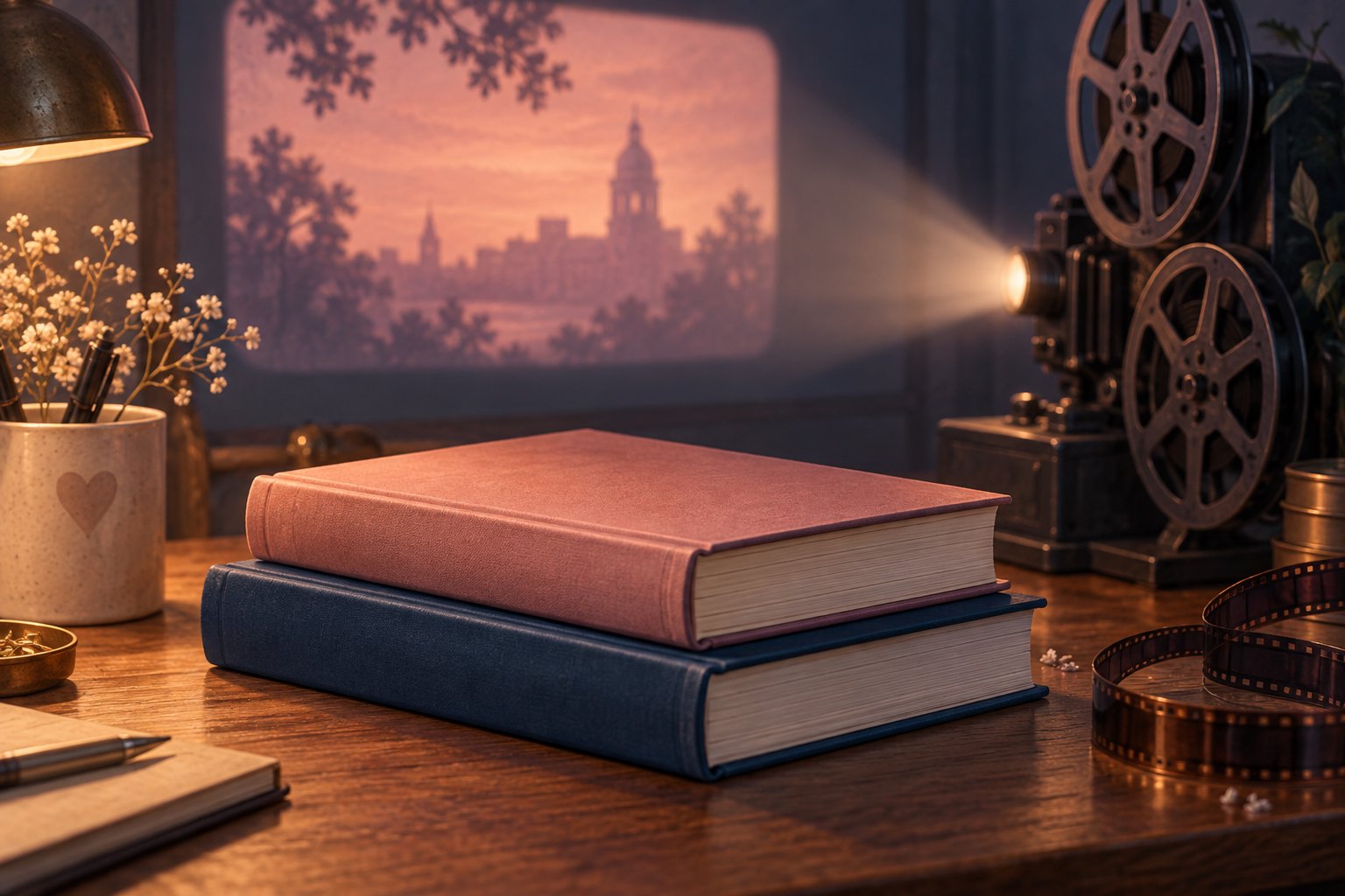 Two unmarked books sit beside a vintage film projector casting a warm image onto a wall.