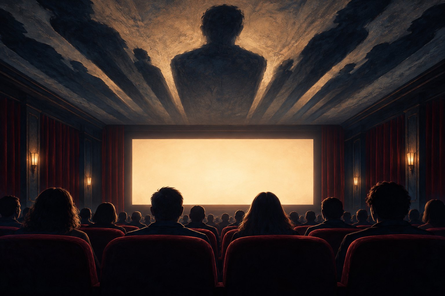 Conceptual illustration of a theater audience facing a glowing blank screen beneath oversized human shadows.