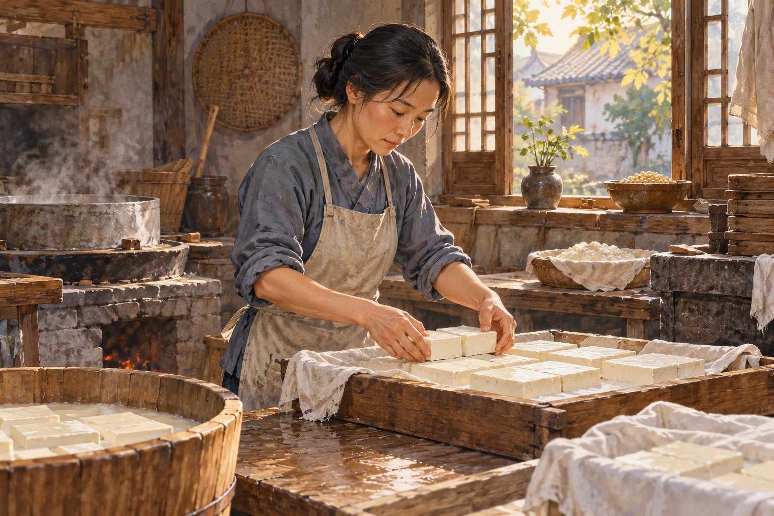 原创主题插画:晨光中的豆腐铺里,一位系围裙的女性整理木盘中的豆腐,非电影剧照