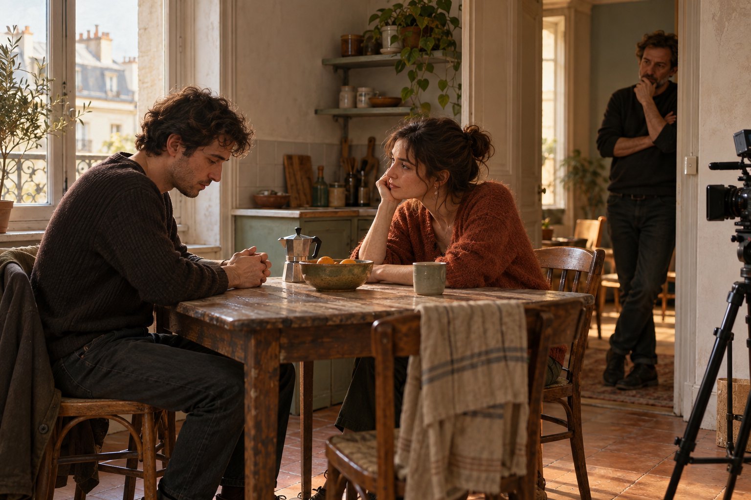 Illustration of two actors rehearsing at a kitchen table while a director watches from a doorway and a camera stands nearby.