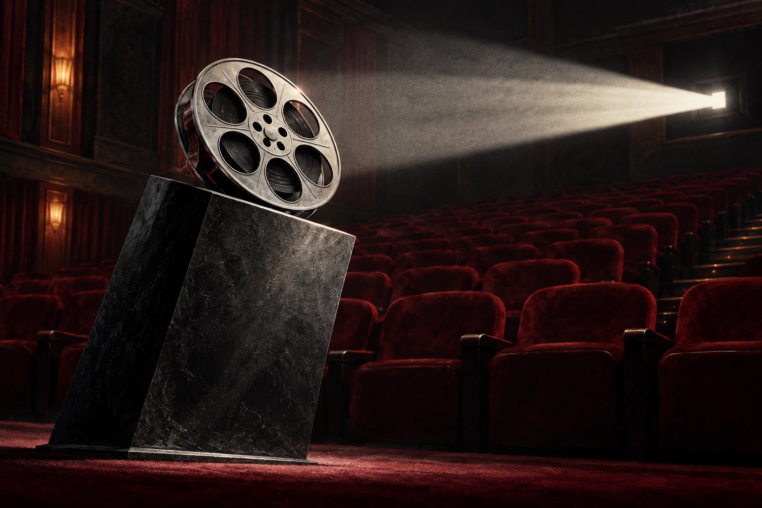 Conceptual illustration of a silver film reel on a tilted pedestal beneath a projector beam in an empty red-seated theater.