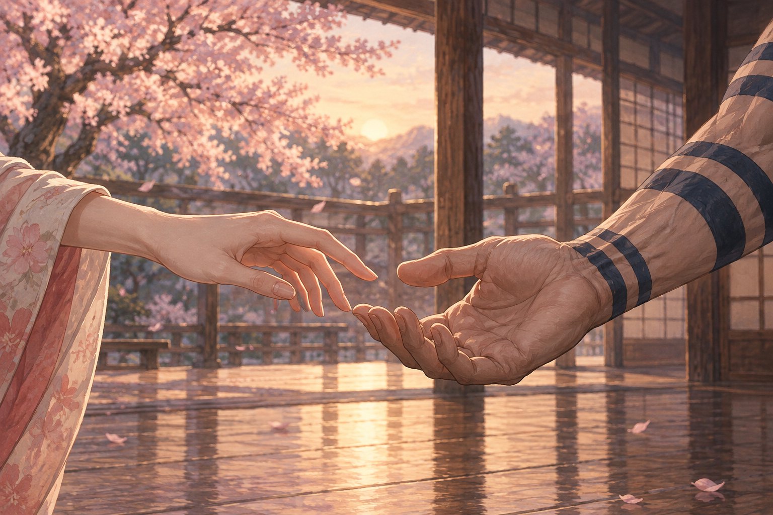 A tattooed hand reaches toward a woman's hand beside a sunlit Japanese veranda in a symbolic illustration of lost human connection.