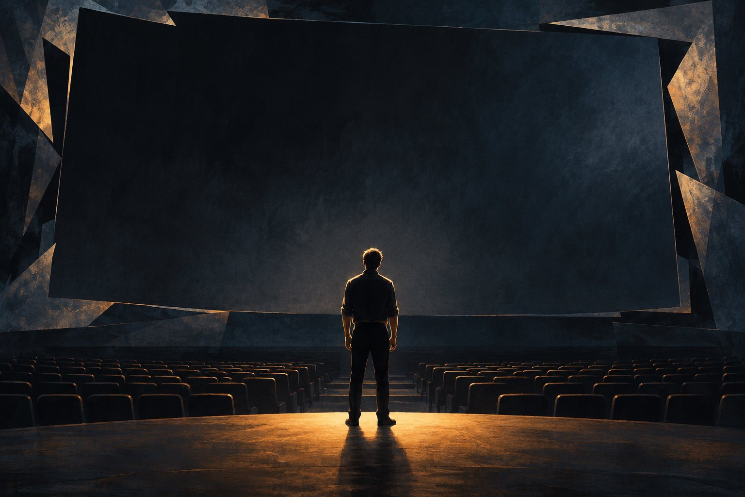 Conceptual illustration of a lone performer under a warm spotlight facing a vast dark cinema screen.