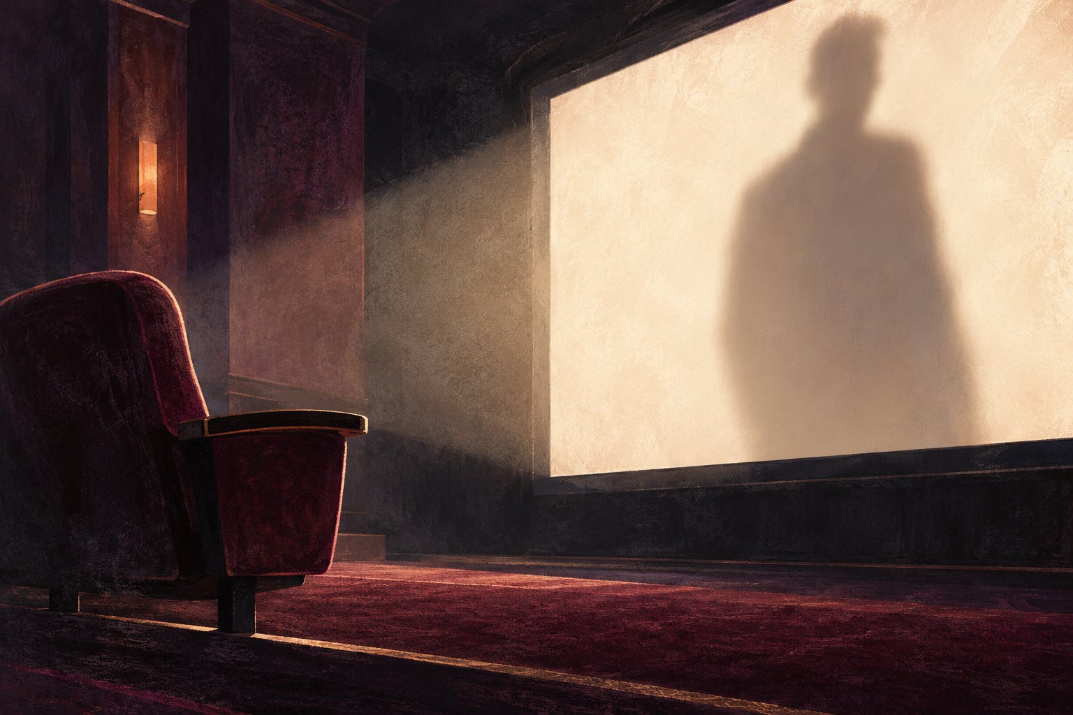 Conceptual illustration of an empty burgundy theater chair facing a large human shadow on a glowing screen.
