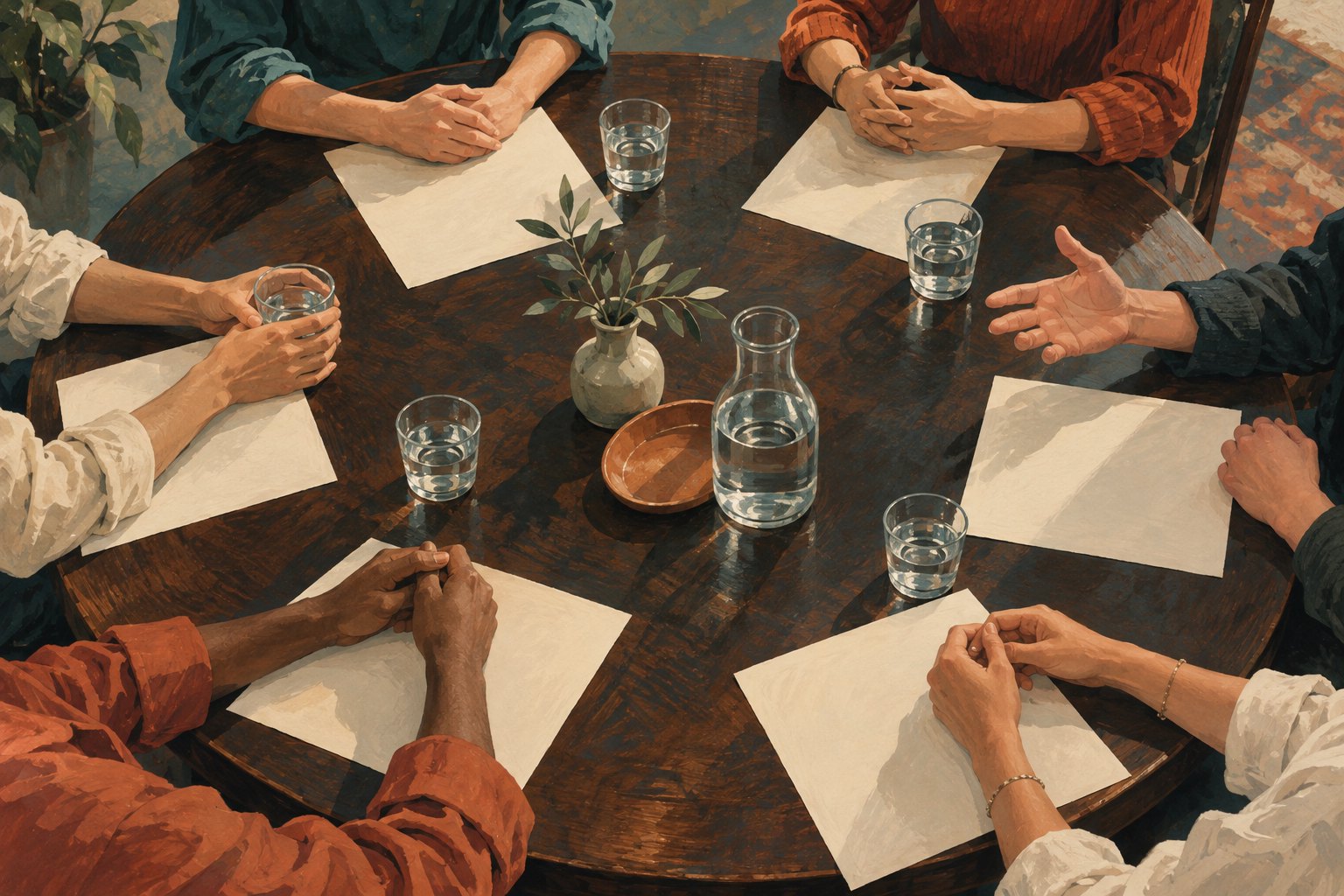 Conceptual illustration of participants gesturing around a rehearsal table with blank pages and water glasses.