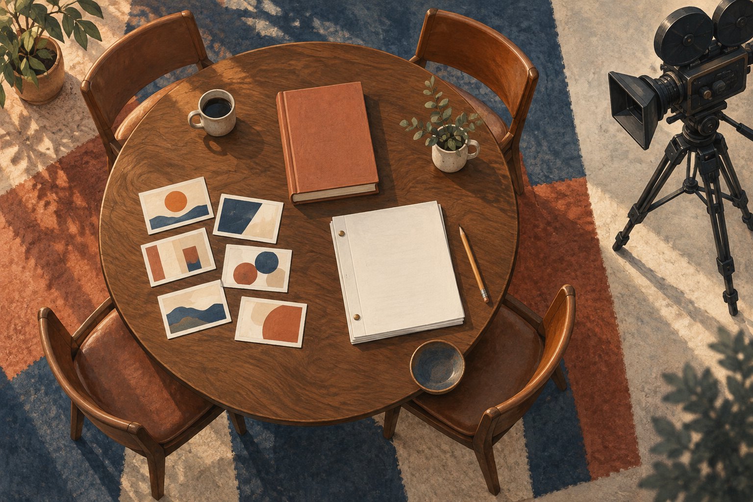 An overhead editorial illustration shows a book, blank pages, and abstract storyboard cards on a round table beside a movie camera.