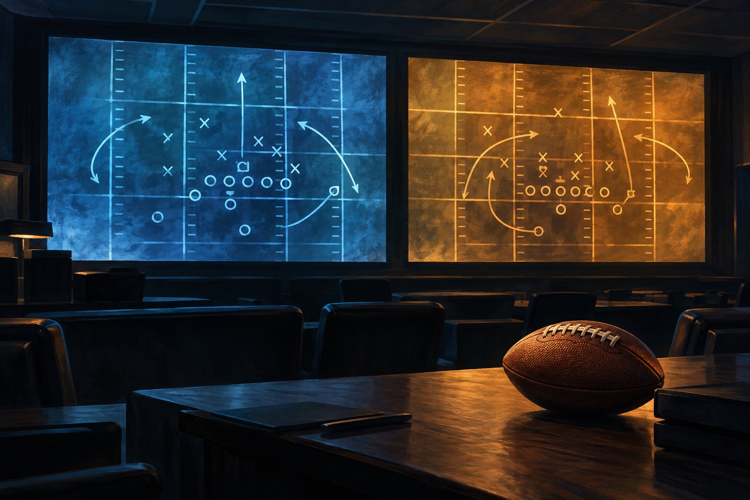 Conceptual illustration of a football film room with contrasting blue and amber projection screens and a football on a desk.