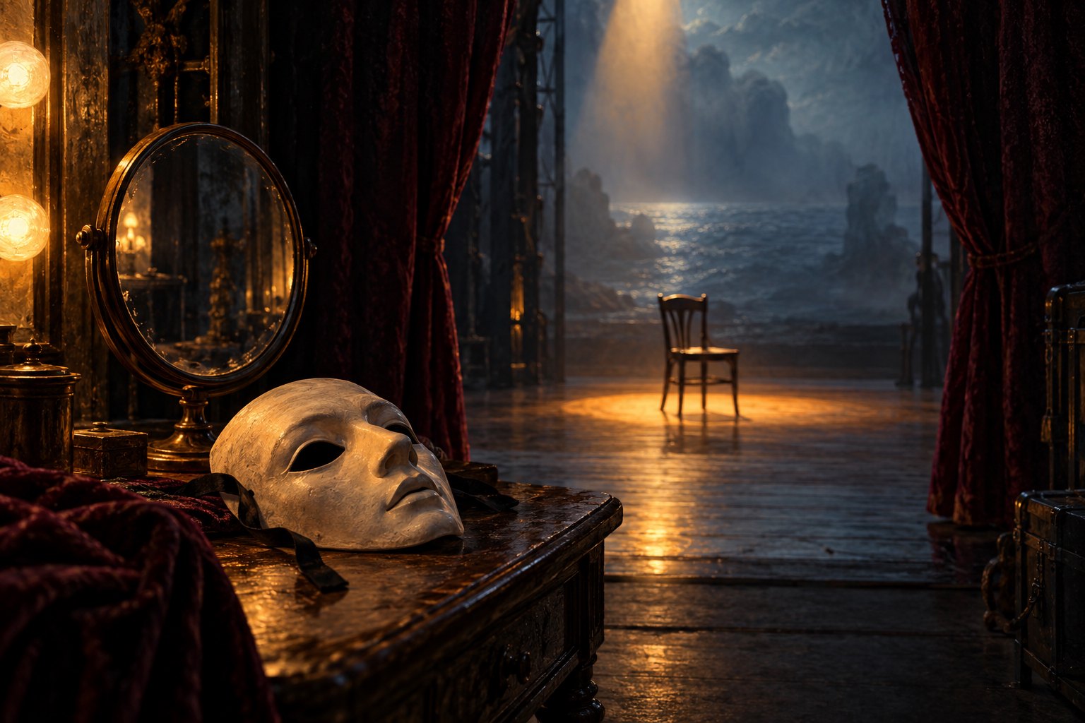 Conceptual illustration of a theatrical mask and mirror backstage, with an empty chair illuminated beyond velvet curtains.