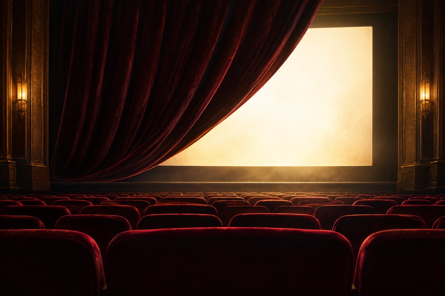 An atmospheric illustration of an empty cinema with burgundy seats and a glowing screen partly concealed by a dark curtain.
