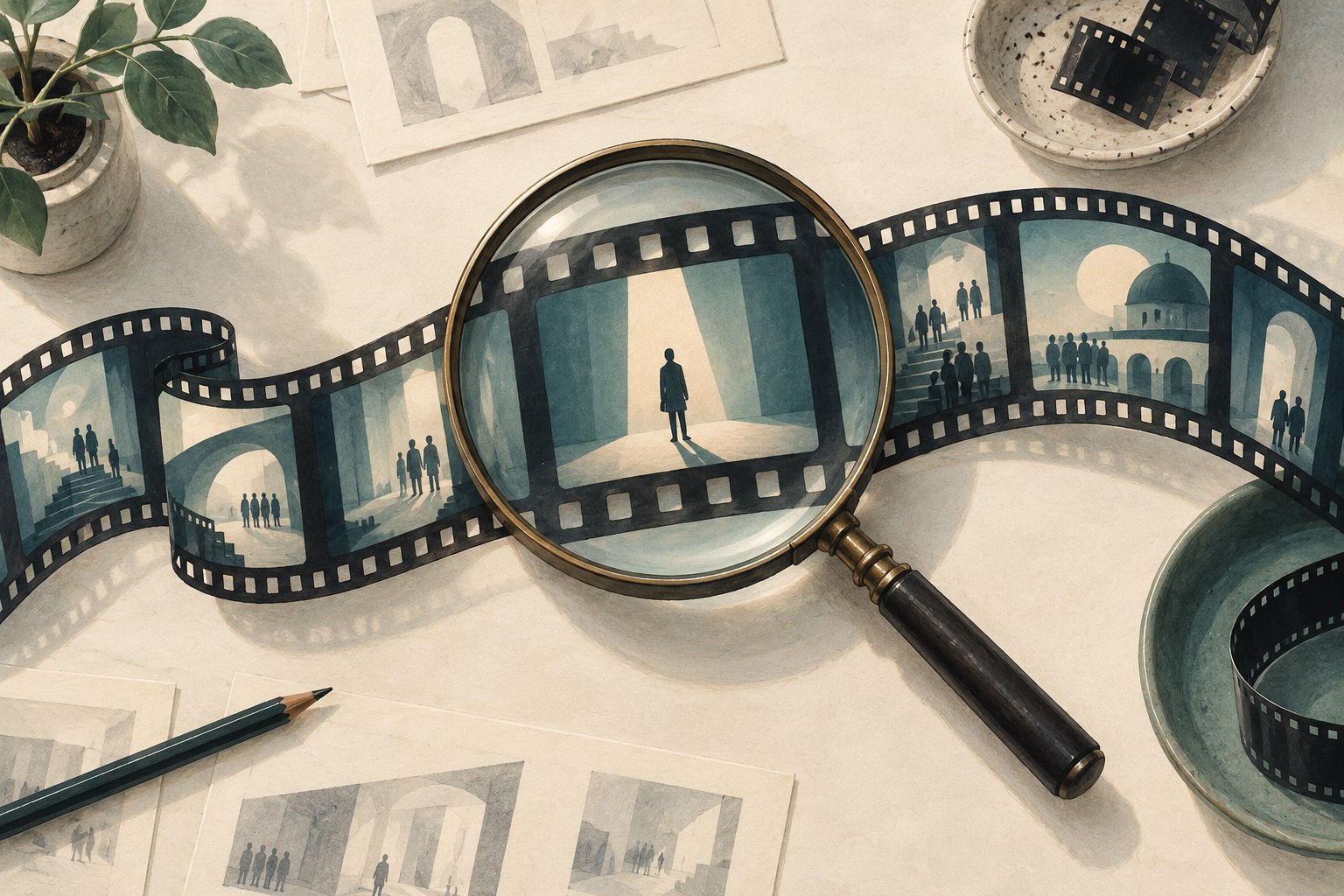 Conceptual illustration of a magnifying glass isolating one silhouetted figure within a winding strip of film.