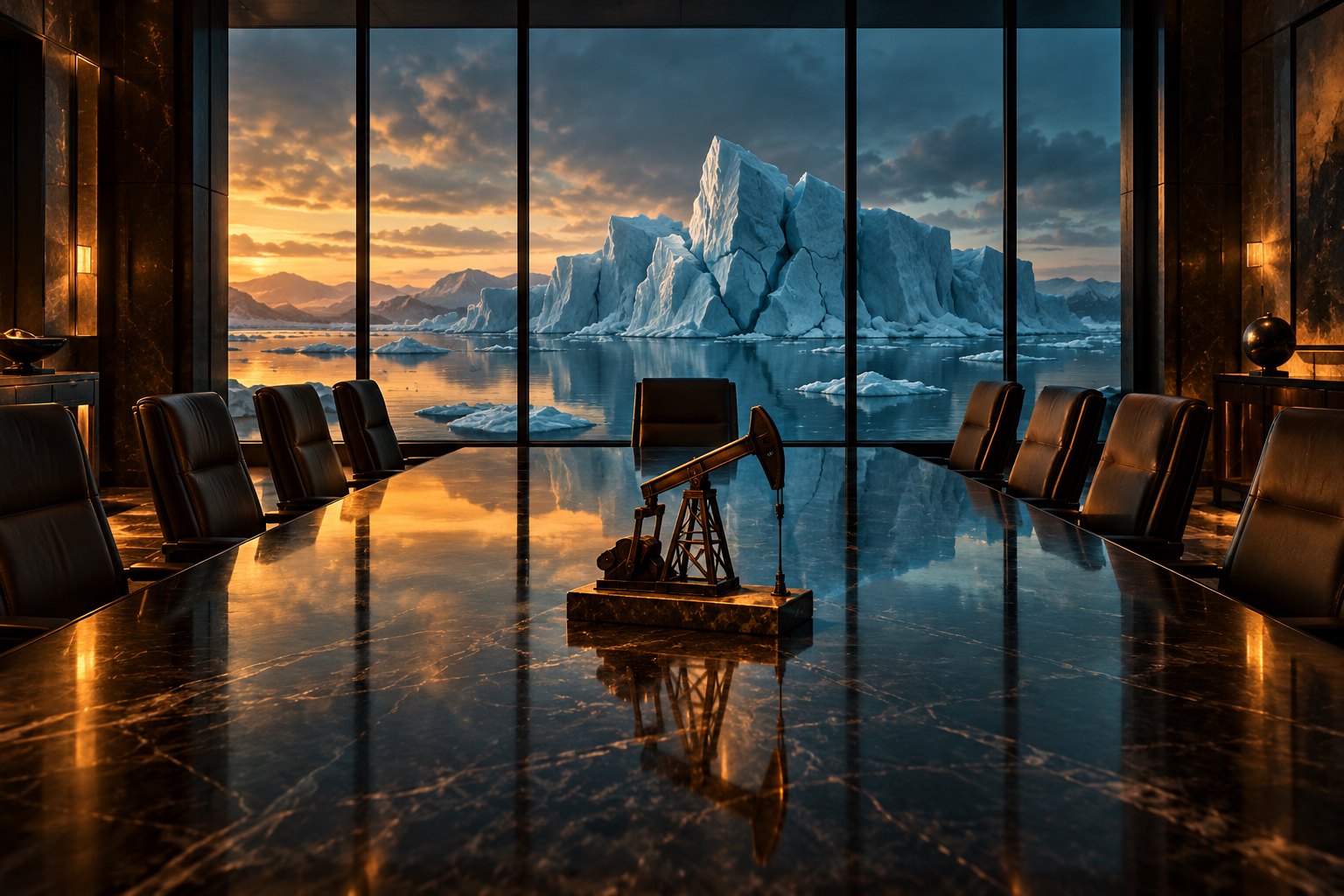 Conceptual illustration of an oil pump model on a boardroom table overlooking a fractured iceberg.