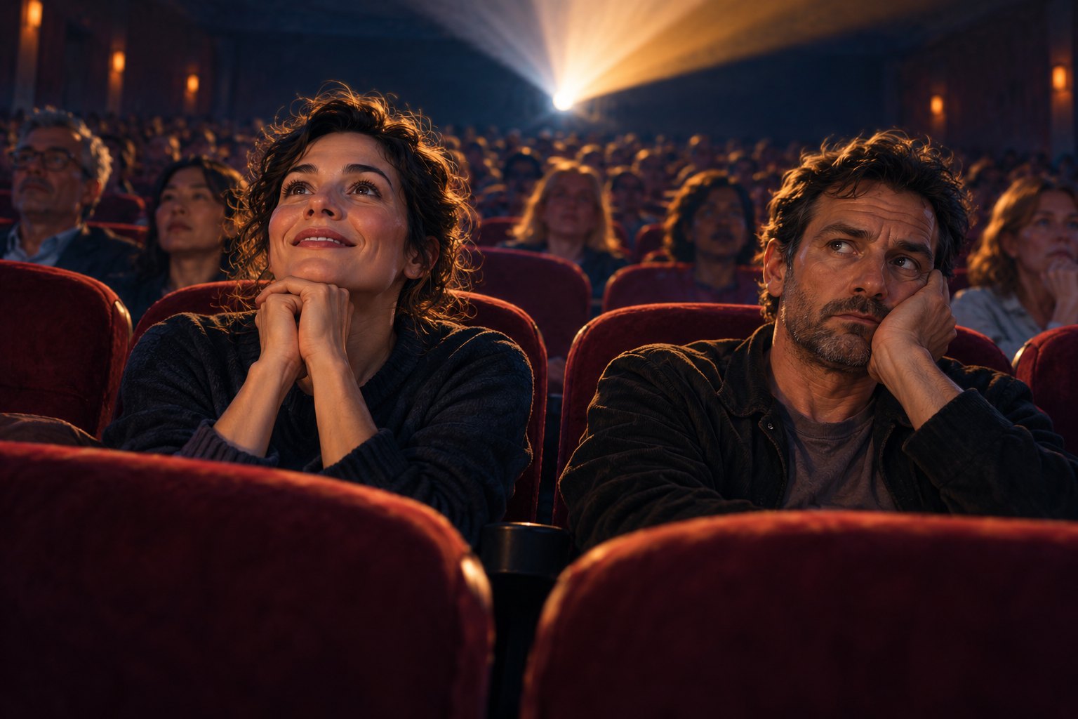 Conceptual illustration of two moviegoers showing delight and skepticism beneath a cinema projector beam.