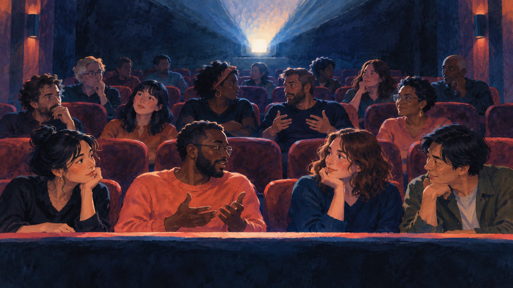 概念插畫：不同觀眾坐在戲院座位間交流感受，身後的放映光束映照各自的表情