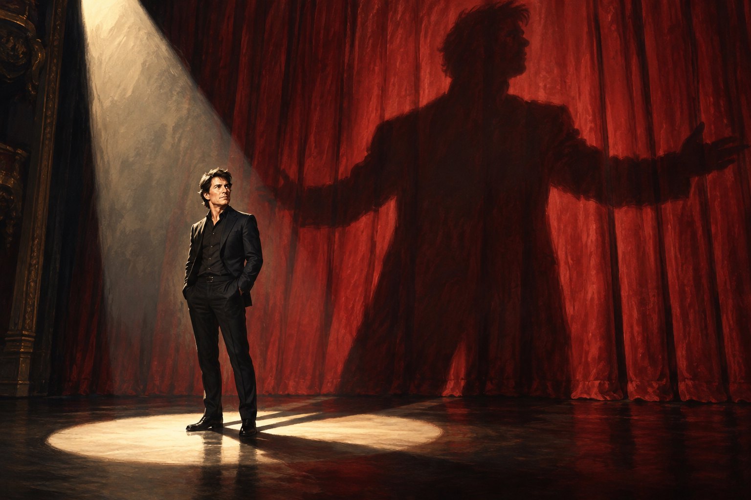 Conceptual illustration of Tom Cruise under a theatrical spotlight, casting an oversized shadow against a red curtain.