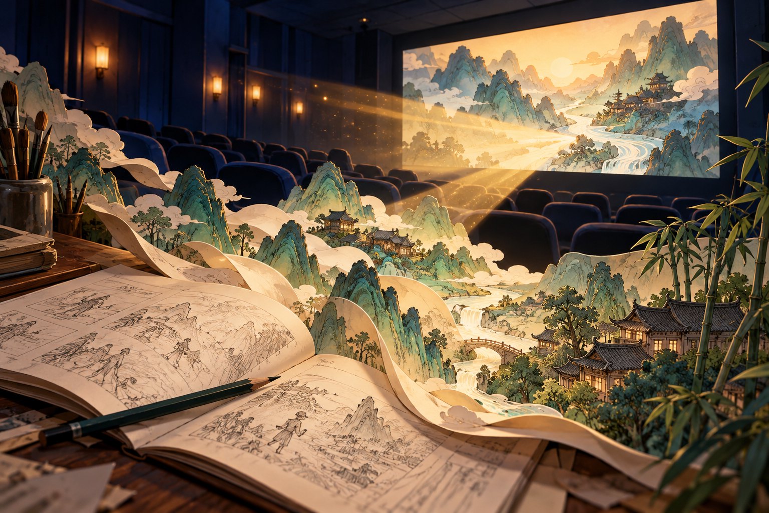 概念插画:动画画册中的蜀地山峦与瓦屋延伸向影院银幕