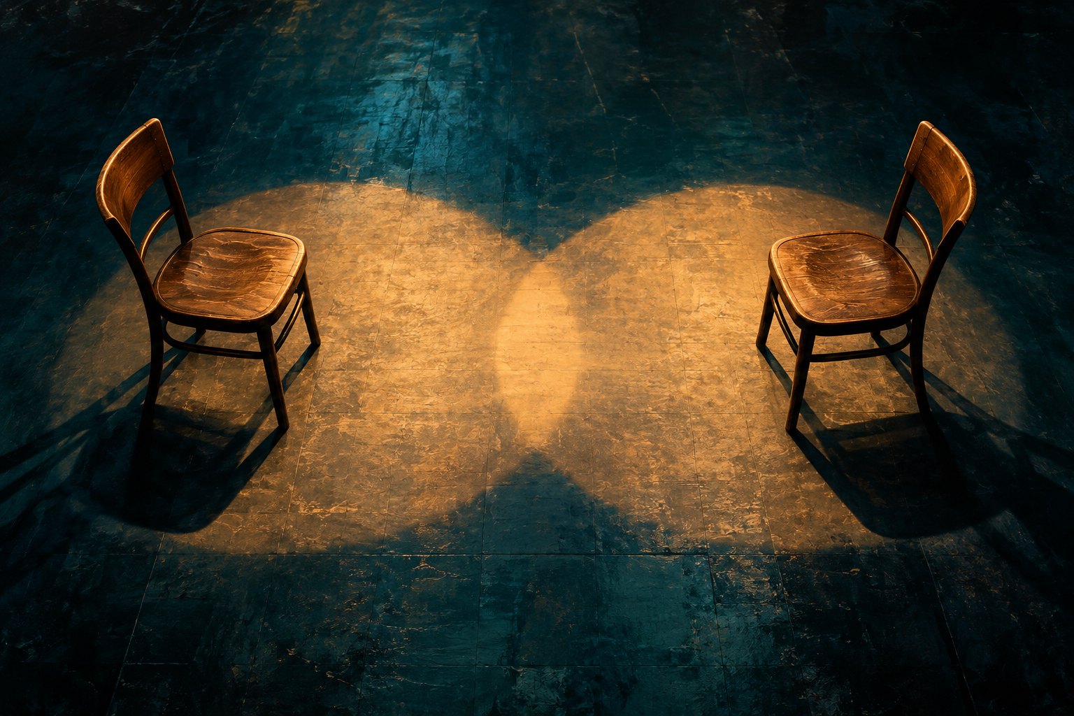 Conceptual illustration of two empty wooden chairs facing each other in overlapping pools of stage light.