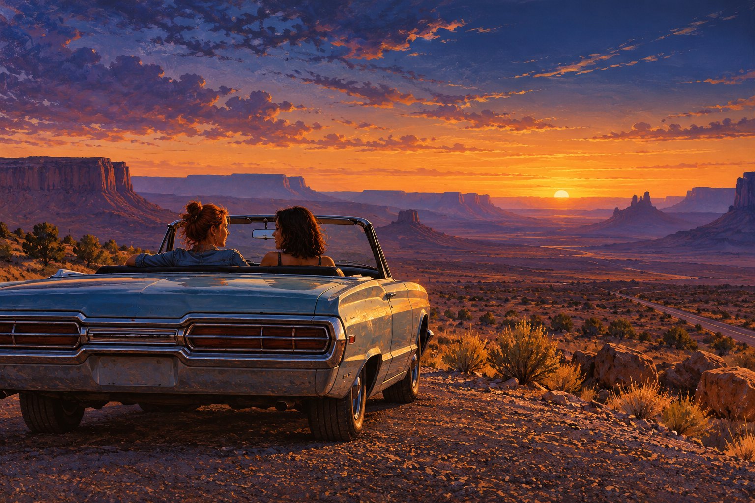Painterly illustration of two women sharing a quiet moment in a parked convertible overlooking a desert landscape at sunset.