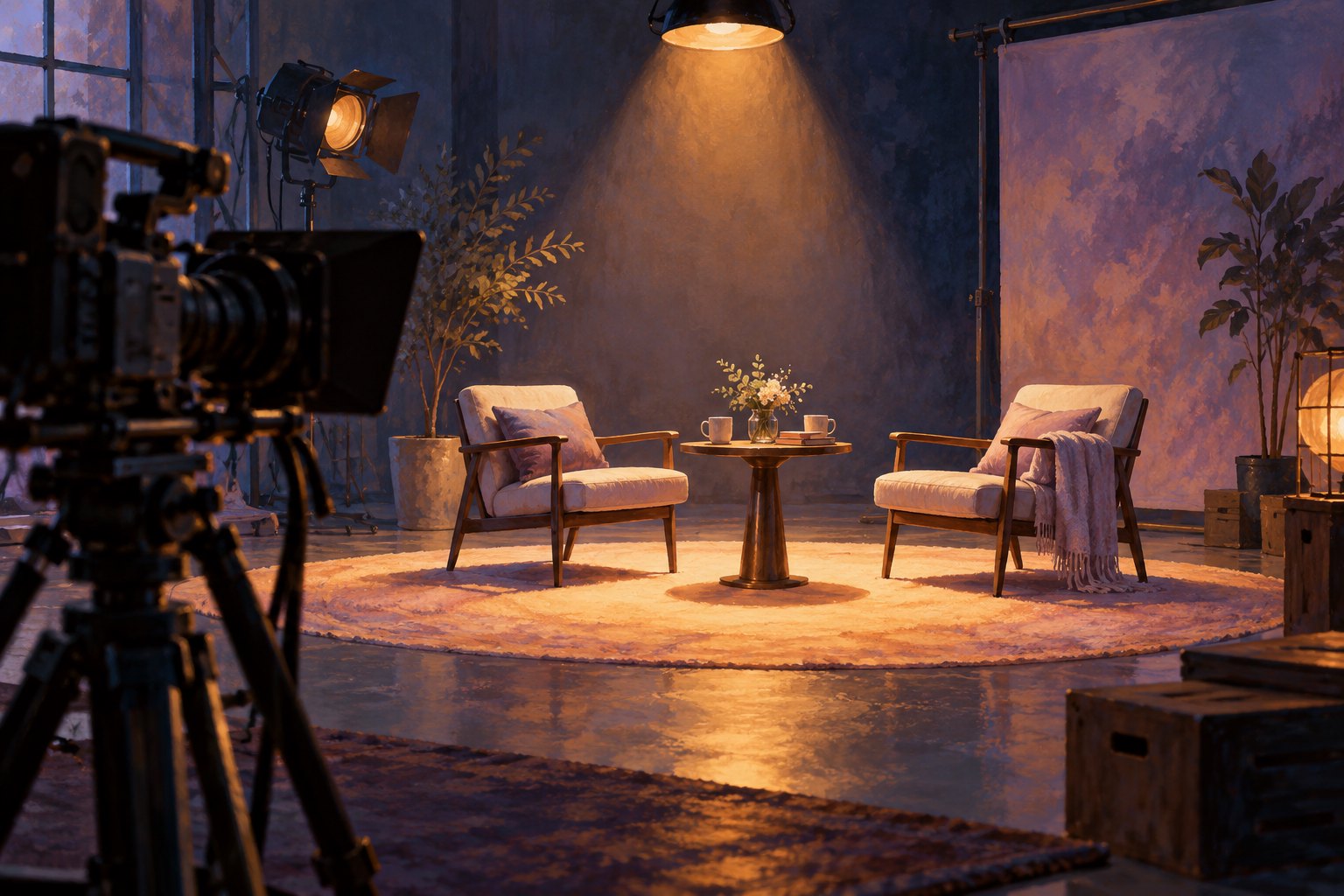 Conceptual illustration of a film camera facing two empty armchairs and a small table under warm studio lighting.