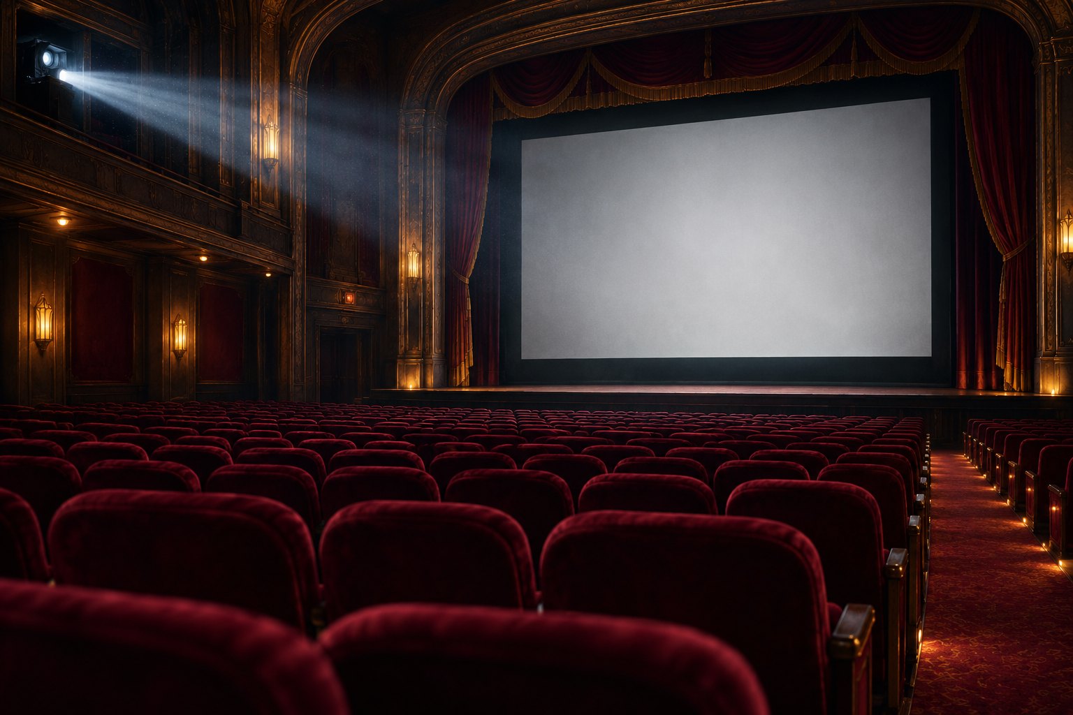 Conceptual illustration of an empty movie theater with burgundy seats, a blank screen, and a visible projector beam.