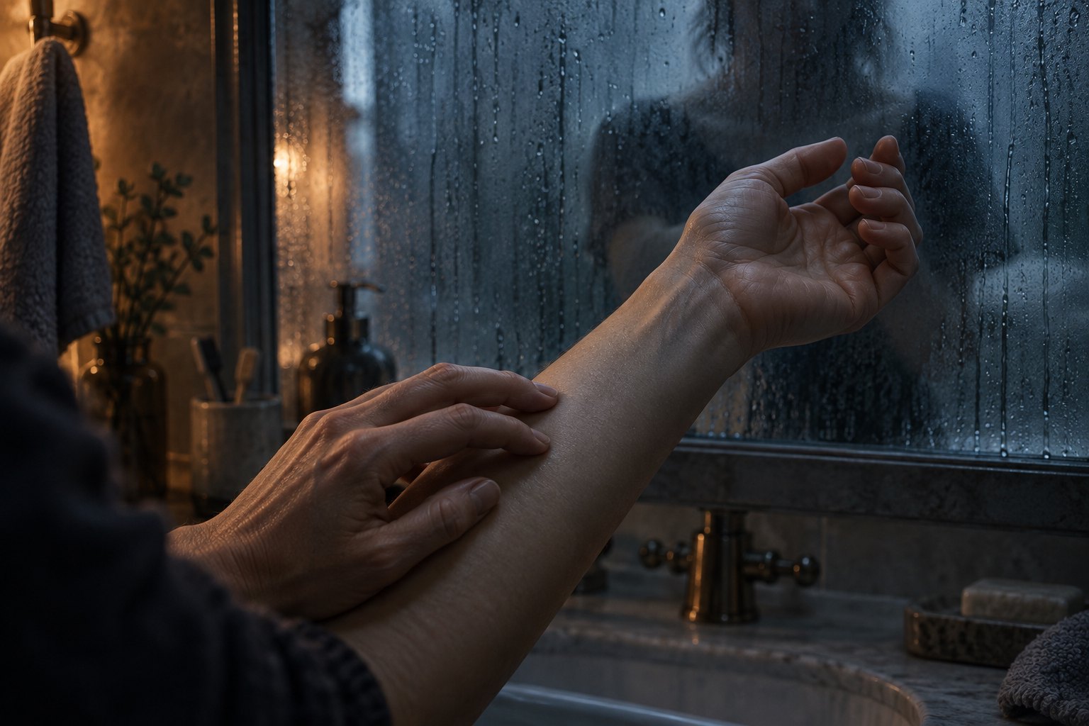 Conceptual illustration of a person examining their forearm beside a condensation-covered bathroom mirror.