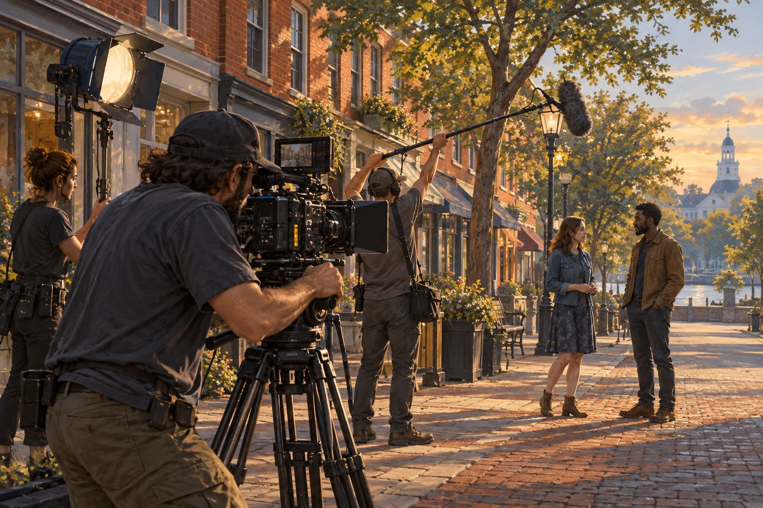 Editorial illustration of an imagined film crew setting up a camera and lighting on a brick-lined Mid-Atlantic street.