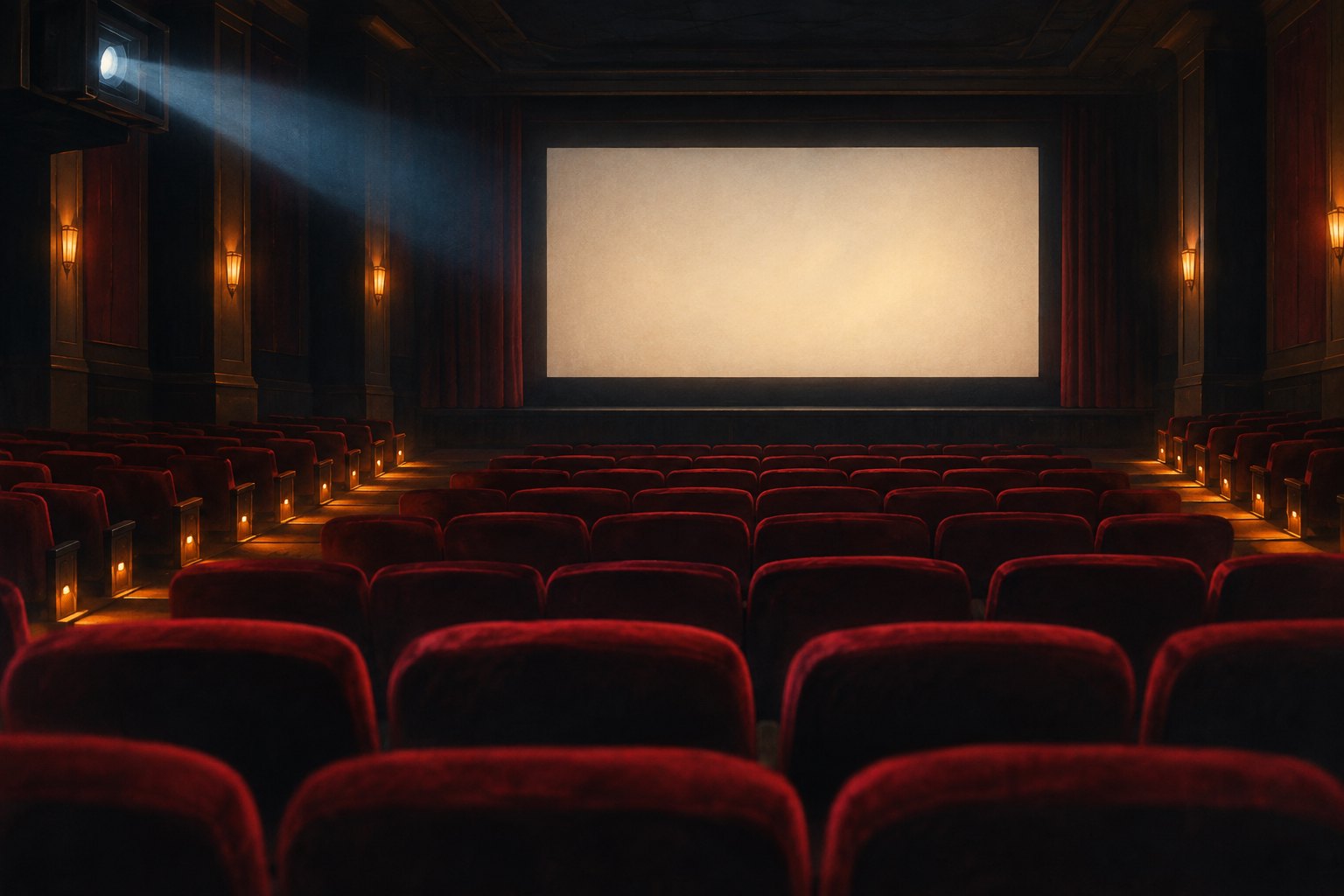 Conceptual illustration of an empty cinema with red seats, a blank screen, and a projector beam.