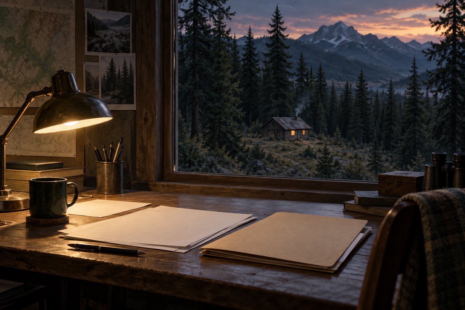 Conceptual illustration of a lamplit desk with papers overlooking an isolated cabin in a mountain forest at dusk.