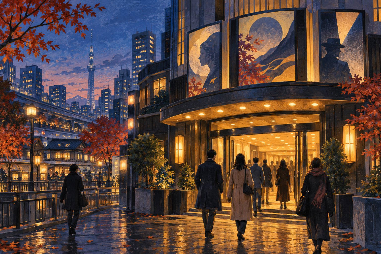Illustration of moviegoers approaching a warmly lit cinema on a Tokyo-inspired street at dusk.