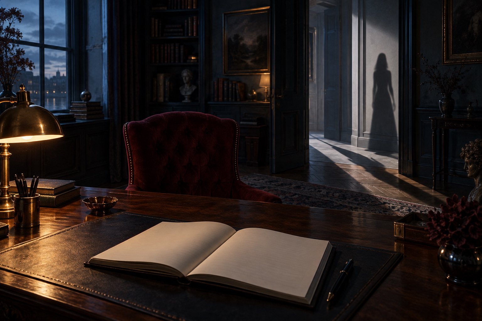 Conceptual illustration of a shadowy writing room with a blank notebook, burgundy chair, and a woman's silhouette on the doorway wall.