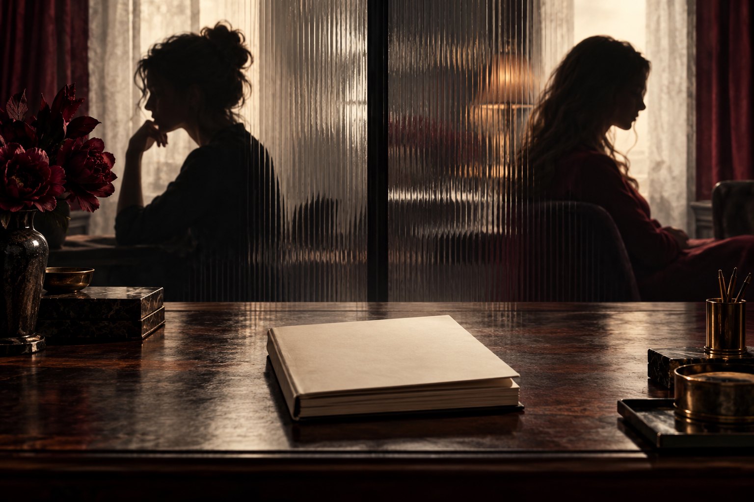 Symbolic illustration of two women separated by textured glass behind an unmarked manuscript on a dark desk.