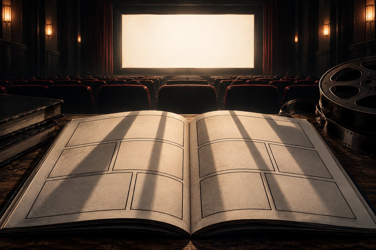 Conceptual illustration of an open comic book with empty panels facing a glowing screen in a dark movie theater.