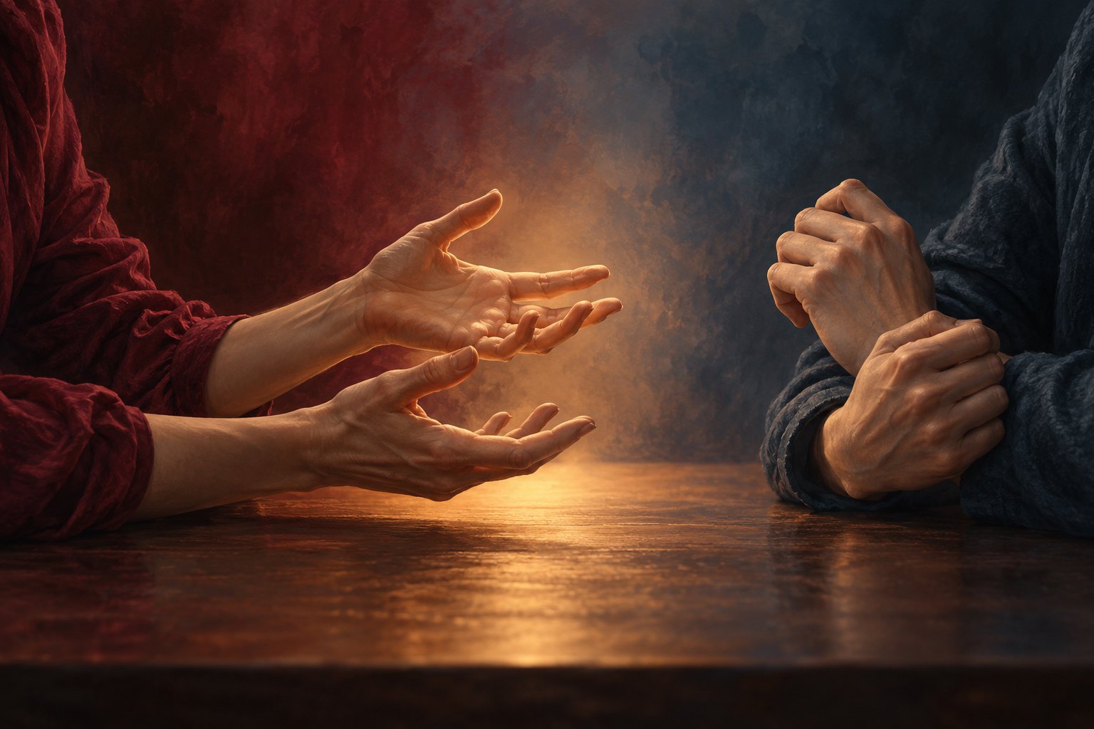Conceptual illustration of open hands reaching toward guarded hands across a table, suggesting connection and emotional hesitation.
