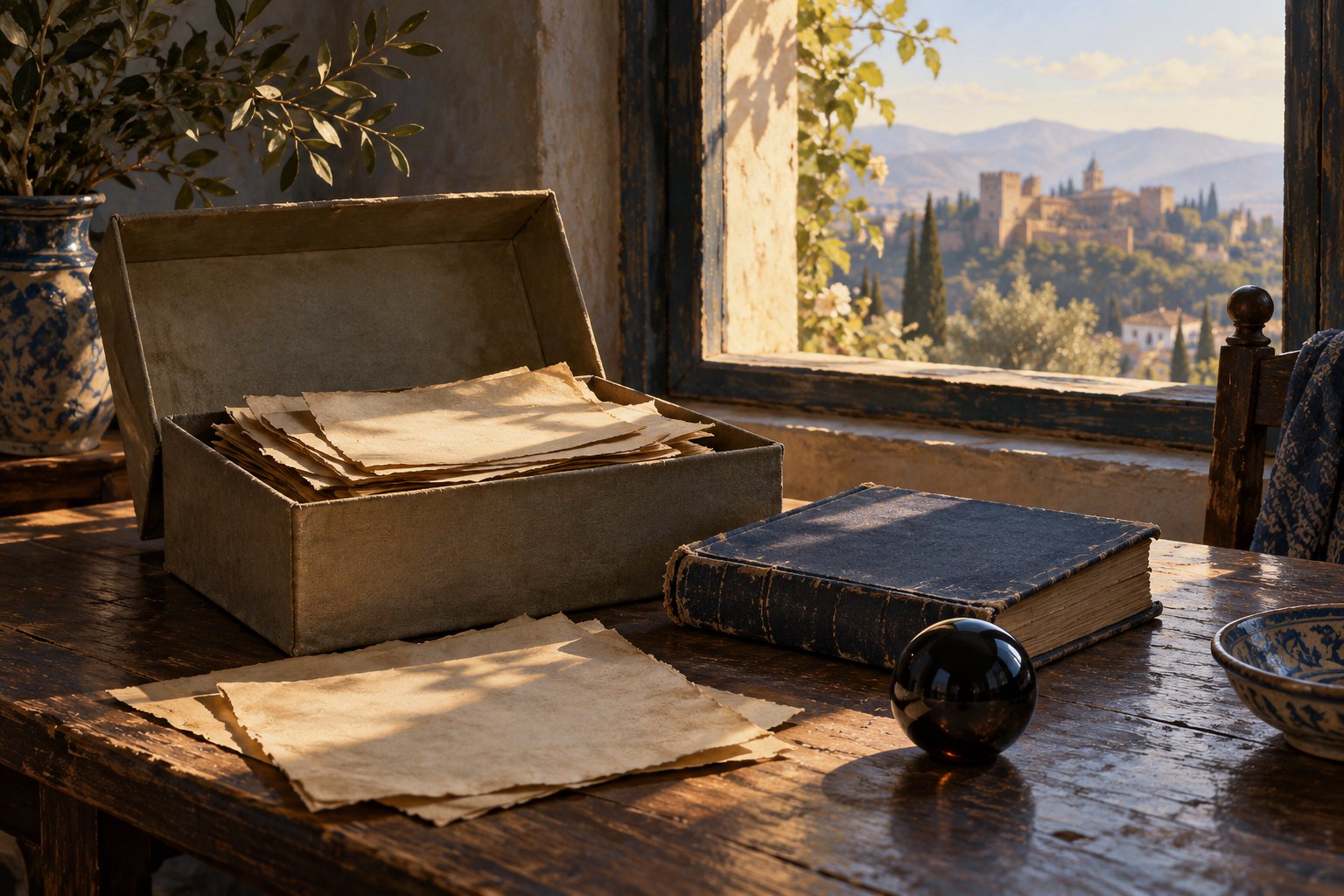 Symbolic illustration of aged papers, a worn book, and a black glass sphere beside a sunlit window overlooking a Spanish landscape.