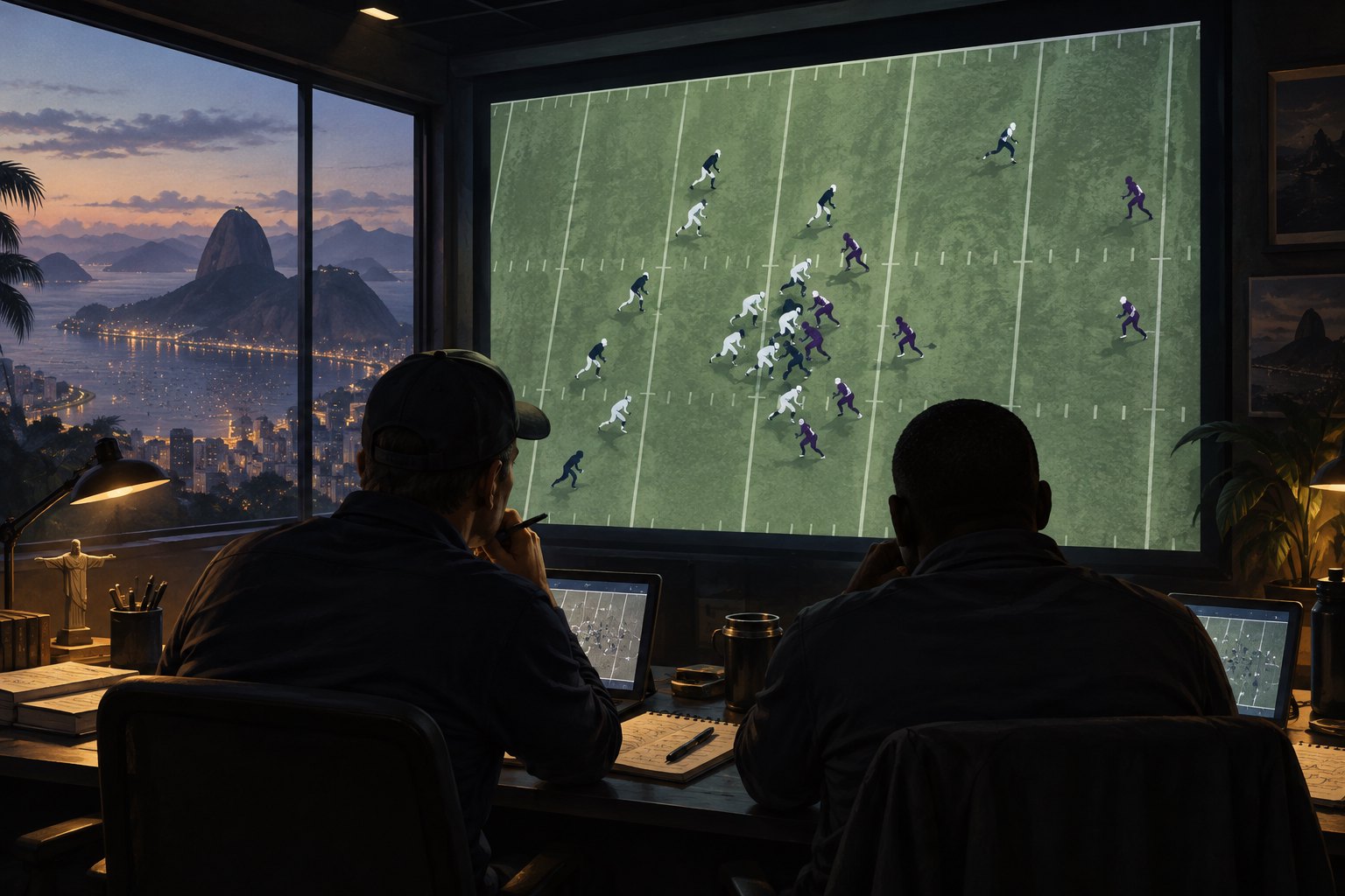 Conceptual illustration of two analysts studying football footage in a dark room with Rio-inspired mountain scenery outside.