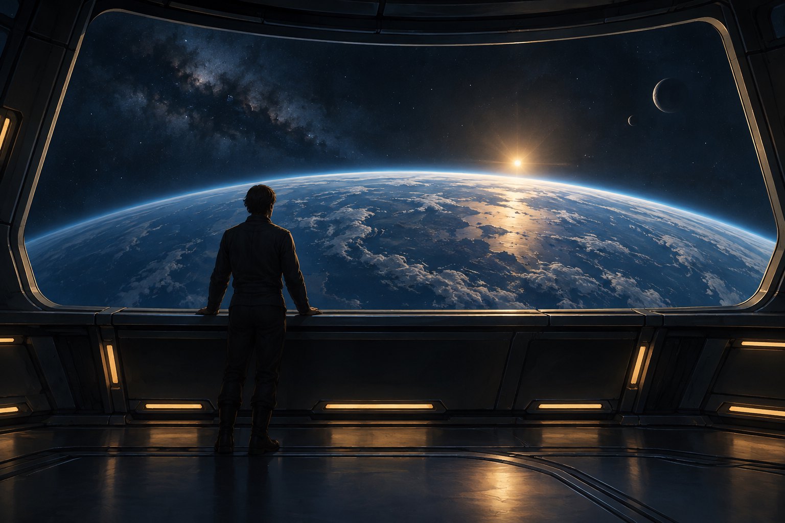 Conceptual illustration of a lone space explorer looking through a spacecraft window toward a blue planet and a rising star.